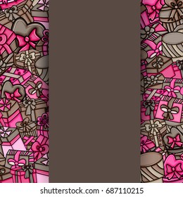 Presents and gift boxes cartoon doodle design. Cute background concept for birthday greeting card,  advertisement, banner, flyer, brochure. Hand drawn vector illustration. Pink and brown color.