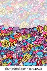 Presents and gift boxes cartoon doodle design. Cute background concept for birthday greeting card,  advertisement, banner, flyer, brochure. Hand drawn vector illustration.