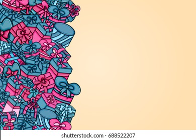 Presents and gift boxes cartoon doodle design. Cute background concept for birthday greeting card,  advertisement, banner, flyer, brochure. Hand drawn vector illustration. Pink and blue color.
