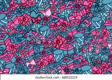 Presents and gift boxes cartoon doodle design. Cute background concept for birthday greeting card,  advertisement, banner, flyer, brochure. Hand drawn vector illustration. Pink and blue color.