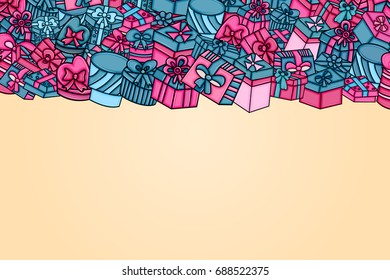 Presents and gift boxes cartoon doodle design. Cute background concept for birthday greeting card,  advertisement, banner, flyer, brochure. Hand drawn vector illustration. Pink and blue color.