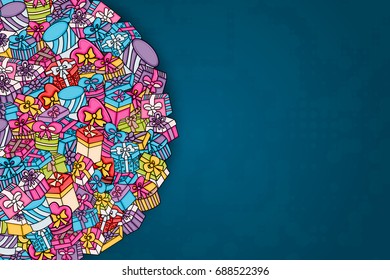 Presents and gift boxes cartoon doodle design. Cute background concept for birthday greeting card,  advertisement, banner, flyer, brochure. Hand drawn vector illustration.