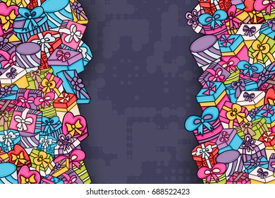 Presents and gift boxes cartoon doodle design. Cute background concept for birthday greeting card,  advertisement, banner, flyer, brochure. Hand drawn vector illustration.