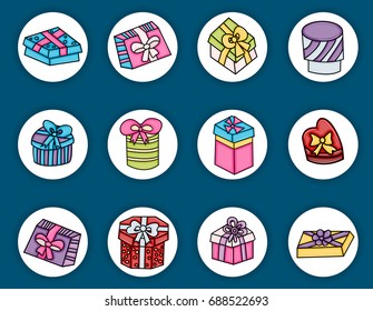 Presents and gift boxes cartoon doodle elements set. Hand drawn vector illustration. 