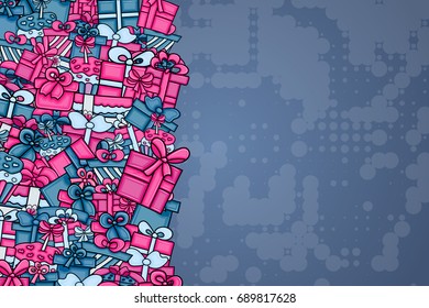 Presents and gift boxes cartoon doodle design. Cute background concept for birthday greeting card,  advertisement, banner, flyer, brochure. Hand drawn vector illustration. Pink and blue color.