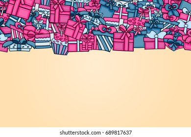 Presents and gift boxes cartoon doodle design. Cute background concept for birthday greeting card,  advertisement, banner, flyer, brochure. Hand drawn vector illustration. Pink and blue color.