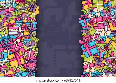 Presents and gift boxes cartoon doodle design. Cute background concept for birthday or christmas greeting card,  advertisement, banner, flyer, brochure. Hand drawn vector illustration.