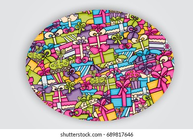 Presents and gift boxes cartoon doodle design. Cute background concept for birthday or christmas greeting card,  advertisement, banner, flyer, brochure. Hand drawn vector illustration.