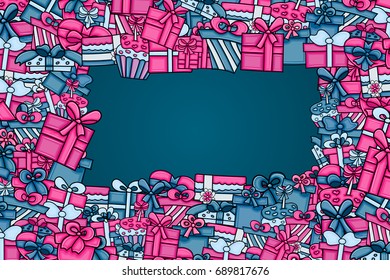 Presents and gift boxes cartoon doodle design. Cute background concept for birthday greeting card,  advertisement, banner, flyer, brochure. Hand drawn vector illustration. Pink and blue color.