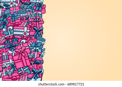 Presents and gift boxes cartoon doodle design. Cute background concept for birthday greeting card,  advertisement, banner, flyer, brochure. Hand drawn vector illustration. Pink and blue color.