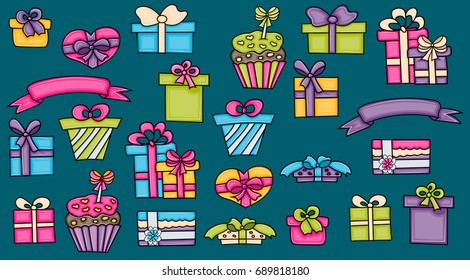 Presents and gift boxes cartoon doodle elements set for birthday or christmas. Hand drawn vector illustration.