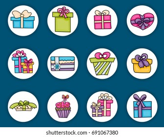 Presents and gift boxes cartoon doodle elements set. Hand drawn vector illustration.