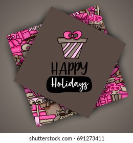 Presents and gift boxes cartoon doodle design. Cute background concept for birthday  or christmas greeting card,  advertisement, banner, flyer, brochure. Hand drawn vector illustration.