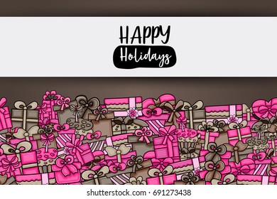 Presents and gift boxes cartoon doodle design. Cute background concept for birthday  or christmas greeting card,  advertisement, banner, flyer, brochure. Hand drawn vector illustration.