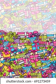 Presents and gift boxes cartoon doodle design. Cute background concept for birthday or christmas greeting card,  advertisement, banner, flyer, brochure. Hand drawn vector illustration.
