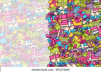 Presents and gift boxes cartoon doodle design. Cute background concept for birthday or christmas greeting card,  advertisement, banner, flyer, brochure. Hand drawn vector illustration.