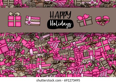 Presents and gift boxes cartoon doodle design. Cute background concept for birthday  or christmas greeting card,  advertisement, banner, flyer, brochure. Hand drawn vector illustration.