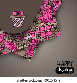 Presents and gift boxes cartoon doodle design. Cute background concept for birthday  or christmas greeting card,  advertisement, banner, flyer, brochure. Hand drawn vector illustration.
