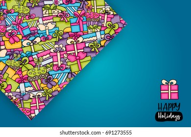 Presents and gift boxes cartoon doodle design. Cute background concept for birthday or christmas greeting card,  advertisement, banner, flyer, brochure. Hand drawn vector illustration.