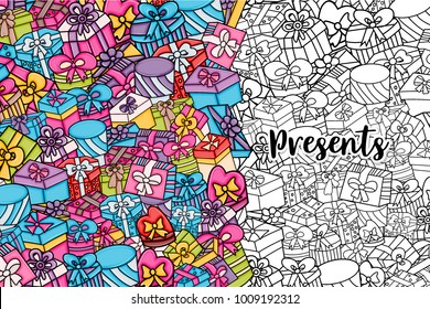 Presents and gift boxes cartoon outlined doodle design. Cute background concept for birthday greeting card,  advertisement, banner, flyer, brochure. Hand drawn vector illustration in linear style.