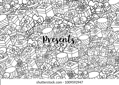Presents and gift boxes cartoon outlined doodle design. Cute background concept for birthday greeting card,  advertisement, banner, flyer, brochure. Hand drawn vector illustration in linear style.