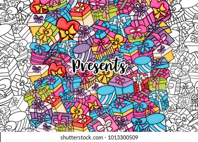 Presents and gift boxes cartoon outlined doodle design. Cute background concept for birthday greeting card,  advertisement, banner, flyer, brochure. Hand drawn vector illustration in linear style.