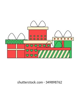 Presents and gift boxes collection. Postcard, invitation, flyer or banner design element. Christmas presents. Birthday presents. Valentine day presents. Flat line style vector illustration. 