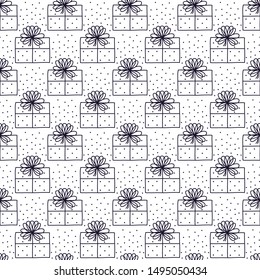 Presents and gift boxes hand drawn in Scandinavian style, seamless pattern background. Ideal for Christmas packaging, fabric, textile, apparel.