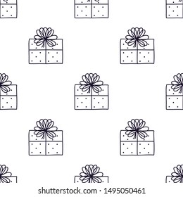 Presents and gift boxes hand drawn in Scandinavian style, seamless pattern background. Ideal for Christmas packaging, fabric, textile, apparel.
