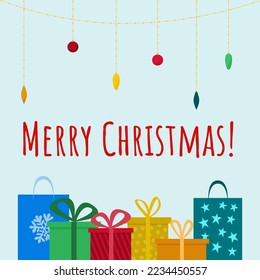 Presents gifts boxes and christmas balls. Holiday greeting card, invitation, banner. Flat vector illustration