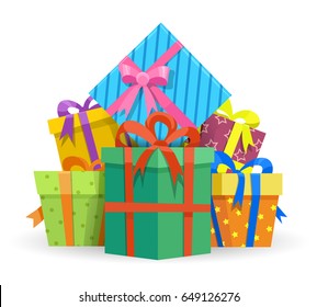 Presenta o regala cajas aisladas en fondo blanco. Wraped presenta ilustraciones vectoriales para un diseño feliz de vacaciones o cumpleaños