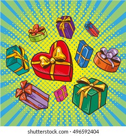Presents and gifts boxes vector illustration in comic retro pop art style. Cartoon design elements and icons.