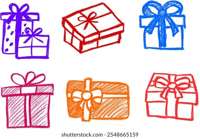 Presents and Gifts Crayon Chalk Drawing Vector Set