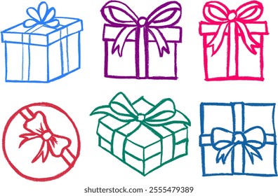 Presents and Gifts Crayon Chalk Drawing Vector Set