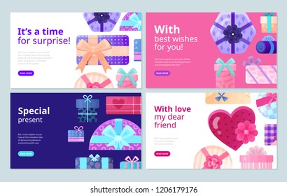 Presents gifts for every occasion packaging boxes best wishes stickers service concept 4 flat banners vector illustration