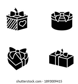 Presenta los iconos de glifo establecidos.Las diferentes formas cajas de regalo rellenaron la colección plana.Felicitaciones de vacaciones, concepto sorpresa. Navidad, año nuevo, celebración de cumpleaños. Ilustraciones aisladas del vector de silueta