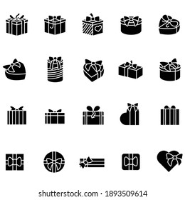 Presents glyph icons set.Different shapes gift boxes filled flat collection.Holiday congratulation, surprise concept. Christmas, new year, birthday celebration.Isolated silhouette vector illustrations