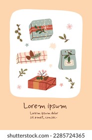 Presenta tarjetas de felicitación. Cajas de regalo en papel de embalaje con bultos. Año Nuevo y Navidad, vacaciones de invierno y festivales. Presentes y sorpresas. Dibujo vectorial plano de dibujos animados