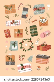 Presents greeting cards set. Collection of stickers for social networks. Gift boxes in wrapping paper. Scissors, thread and branches. Cartoon flat vector illustrations isolated on beige background