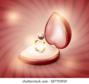 Presents heart box with a wedding ring inside. Wedding ring with a gold pearl in the box with hearts on pink background illustration