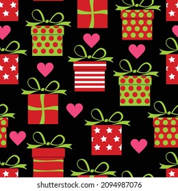 Presents. Holidays. Seamless pattern for the celebration, wedding, congratulations and anniversary. Vector image on a black background. 