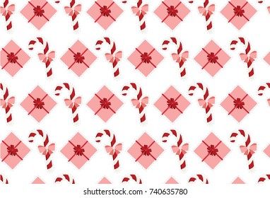 Presents for holidays. Seamless pattern with cute pink gift boxes and christmas candies.  All elements are  hidden under mask. Pattern are not cropped and can be edited.