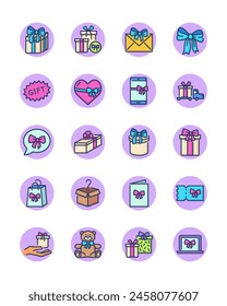 Presents icon set. Gift boxes with ribbons and bows, mobile phone, customer bonus in store, gift delivery. Line vector icons for celebration, giving gifts, Christmas sale, surprise concept