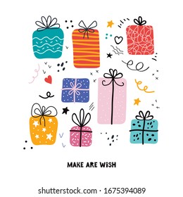 Presents illustration with make a wish typography. Pile of gifts and different graphic elements. Greeting card or banner for a birthday, holiday children, new year in a hand drawn Scandinavian style