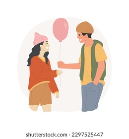 Presenta ilustración vectorial de dibujos animados aislados. Una pareja feliz juntos, un niño que le da regalo a la niña, primer amor, relación romántica, comunicación adolescente, dibujos animados por el vector sorpresa.