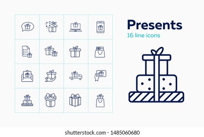 Presents line icon set. Gift boxes, gadget, online order. Celebration concept. Can be used for topics like delivery, internet store, shopping