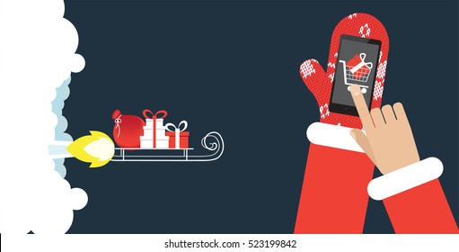 Presents on the rocket sled. Fast shipping concept of e-commerce trade. Vector illustration