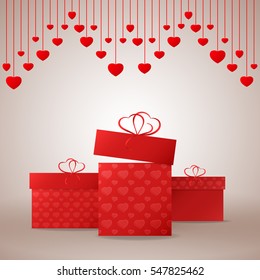 Presents on Valentine's Day.  Red gift boxes with heart. Vector illustration