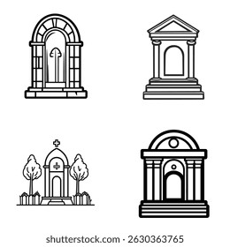 Präsentiert skizzierte Denkmäler mit Bögen, Säulen und Kreuzen in einem architektonischen Satz vor weißem Hintergrund. Diese Gebäudestrukturen zeigen eine einfache Konstruktion.