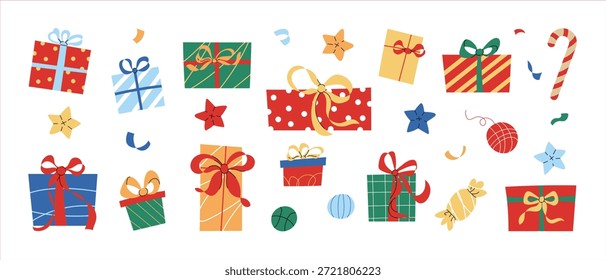 Presents package set. Boxes with decoration like ribbons and bows, wrapping.
